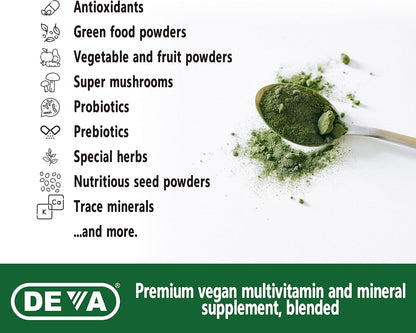 DEVA Tuba Prime Vegan Multivitamin – High-Potency Vitamin and Mineral Food Supplement with Antioxidants, Fruits, Vegetables, Super Mushrooms, Probiotics, Prebiotics, Seeds, Herbs – 90 Tablets
