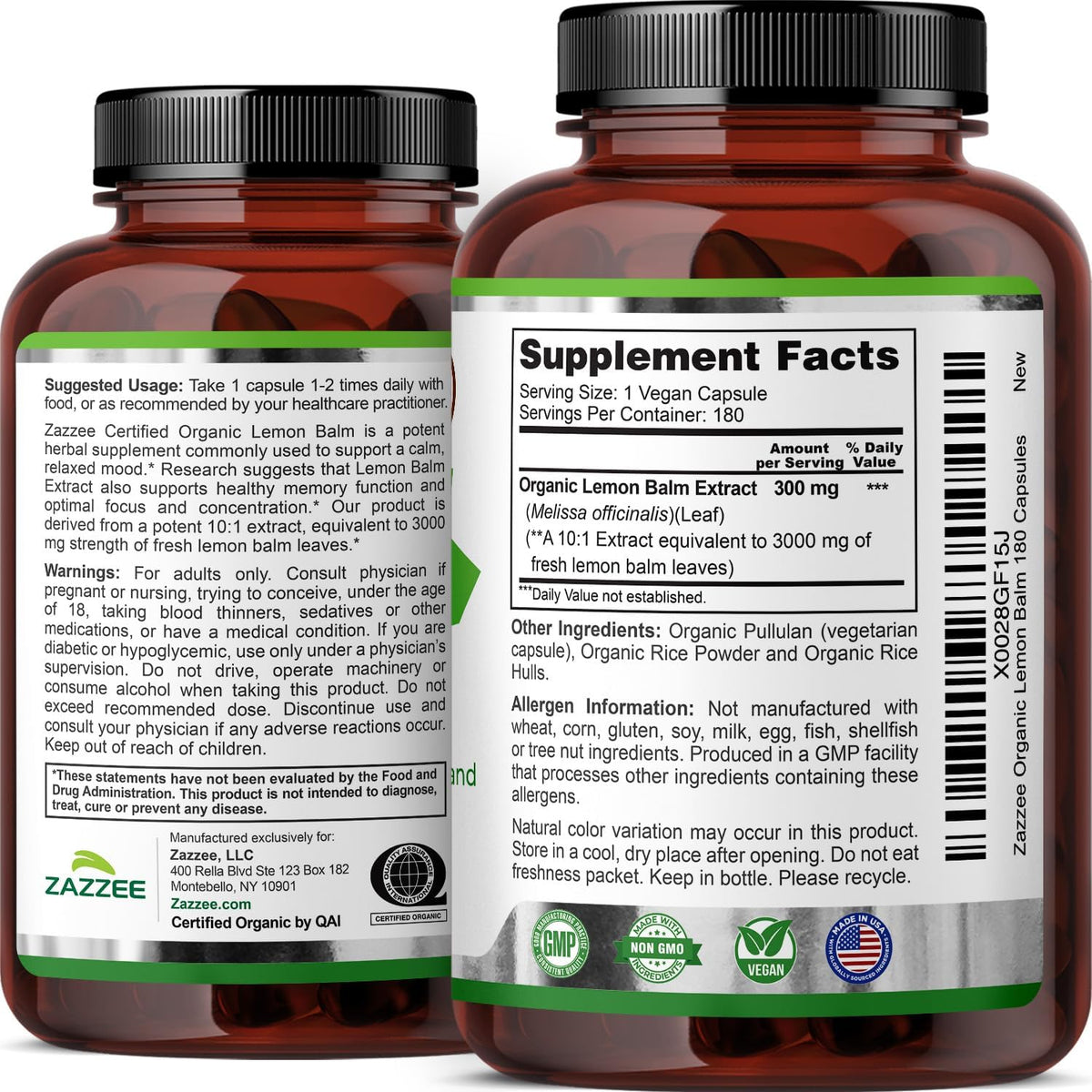 Zazzee USDA Organic Lemon Balm 10:1 Extract, 180 Vegan Capsules - 6 Month Supply - görsel 8