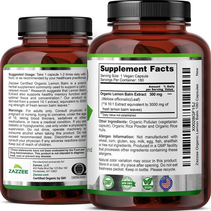 Zazzee USDA Organic Lemon Balm 10:1 Extract, 180 Vegan Capsules - 6 Month Supply