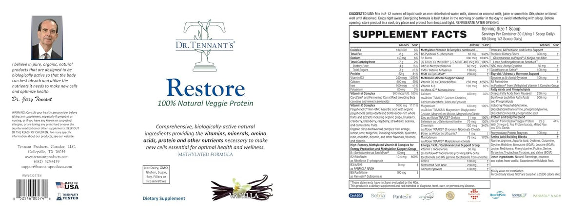 Dr. Tennant's Restore Vanilla Veggie Protein - Premium Plant-Based Nutritional Powder with Multivitamins & Omega 3s - 30 Day Supply - görsel 3