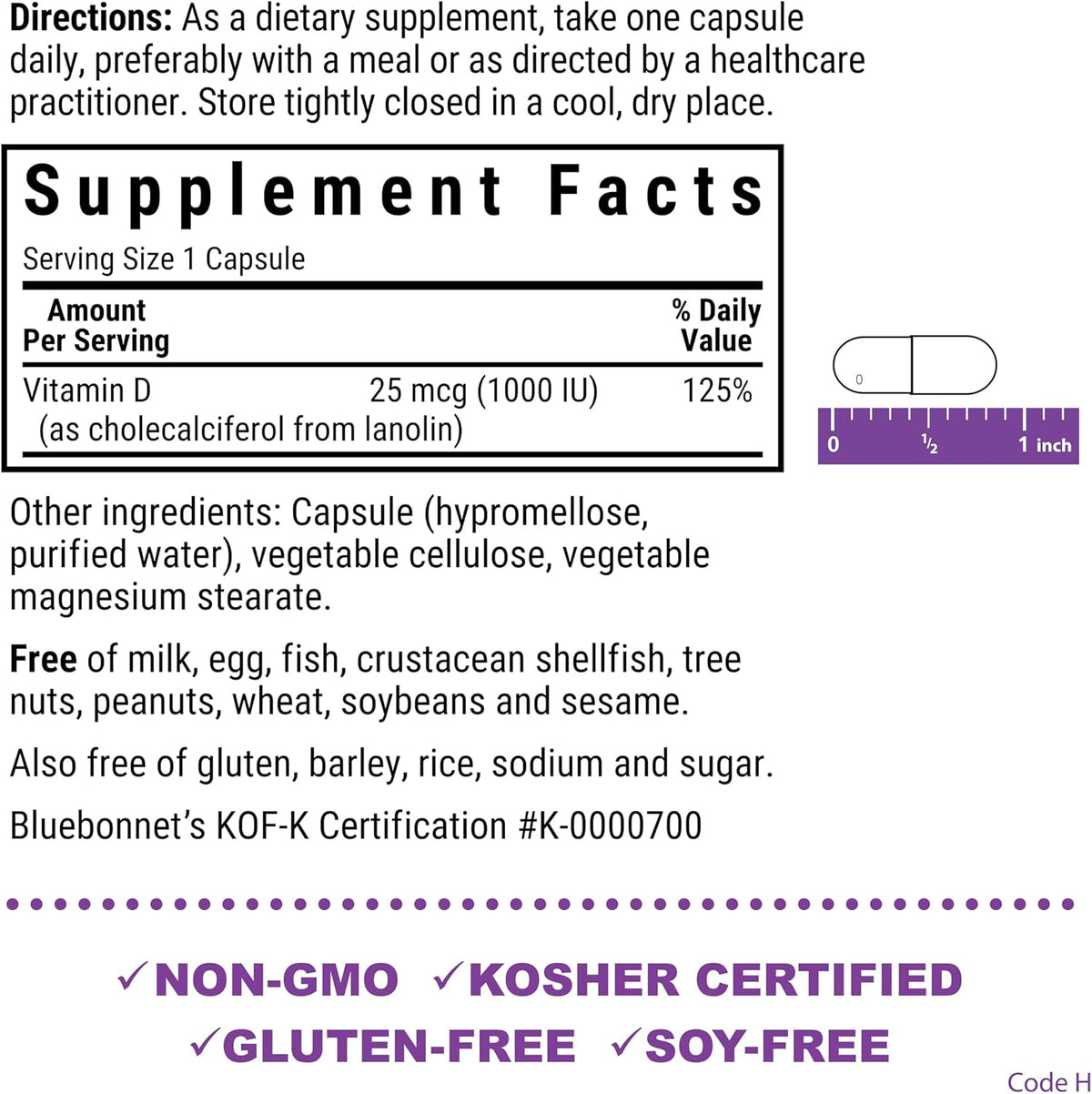 Bluebonnet Vitamin D3 1000 IU – 180 Vegetarian Capsules – Bone & Immune Support - görsel 2