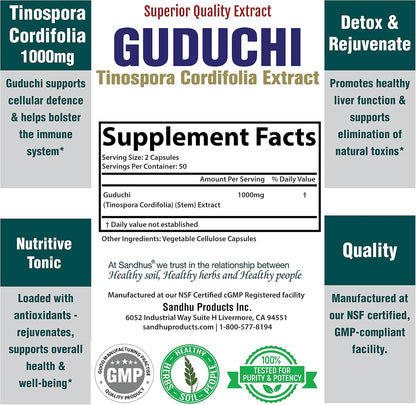 Sandhu's Guduchi (Tinospora Cordifolia) Giloy 100 Vegetarian Capsules 1000mg per Serving