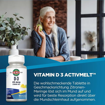 KAL Vitamin D-3 1000 IU | Natural Lemon Flavour ActivMelt Micro Tablets | Contributes to Normal Immune Function & Bone Health | 100 Tablets