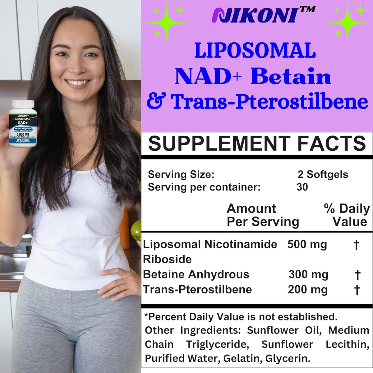 Nikoni Liposomal NAD+ 2000 mg with TMG and Pterostilbene – Healthy Ageing Support – 240 Soft gel capsules - görsel 4