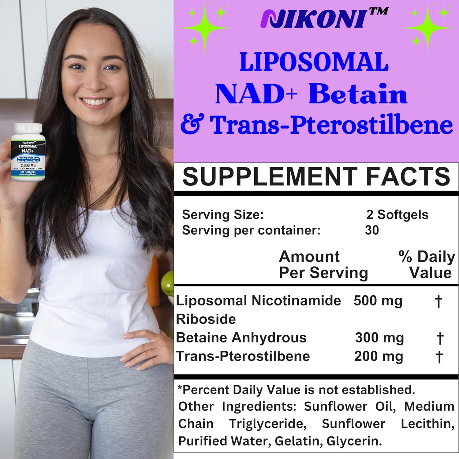 Nikoni Liposomal NAD+ 2000 mg with TMG and Pterostilbene – Healthy Ageing Support – 240 Soft gel capsules - görsel 4