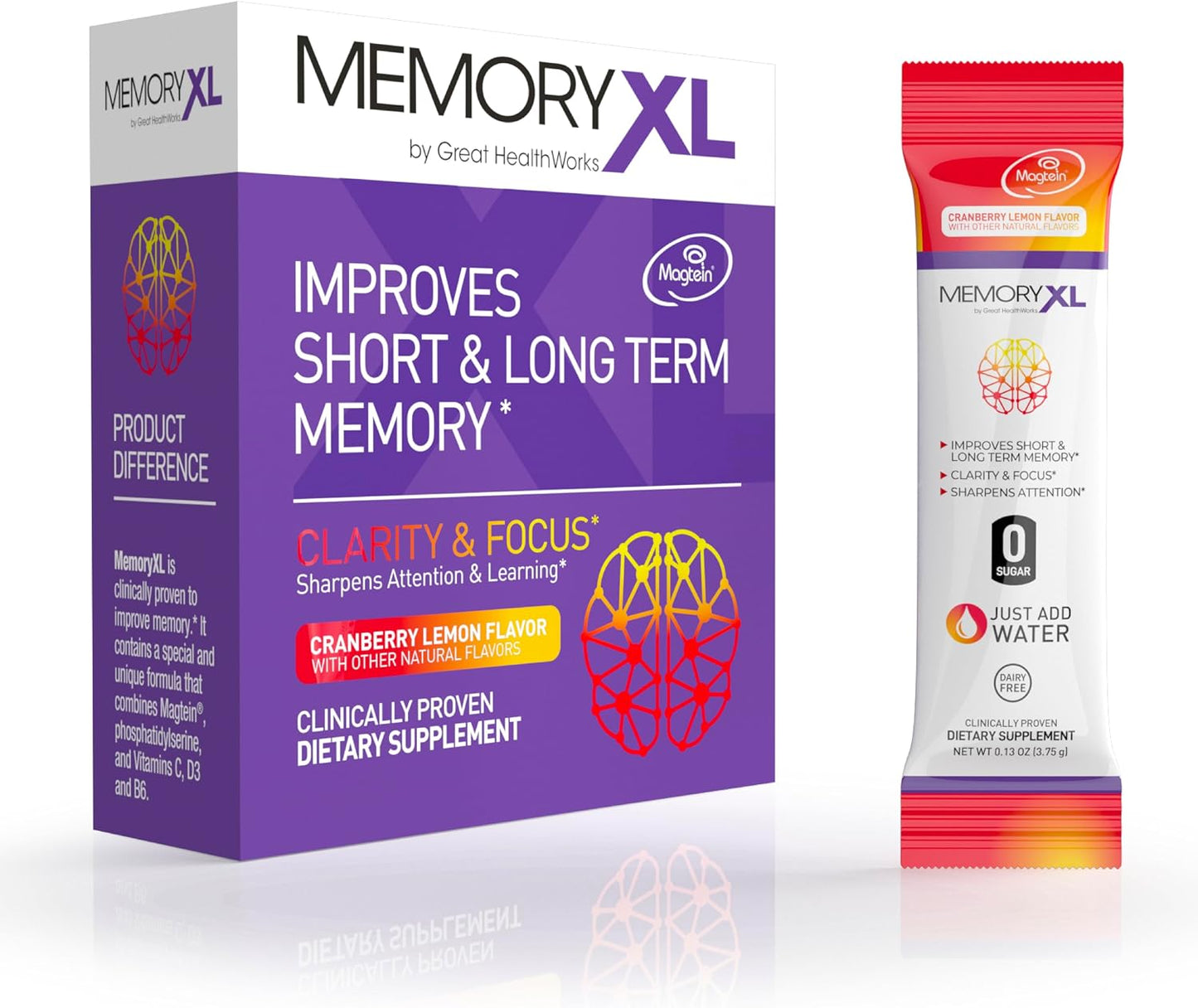 MemoryXL Brain Supplement with Magnesium L-Threonate (Magtein®), Phosphatidylserine and Vitamins - 30 Stick Packs, Cranberry Lemon - görsel 1