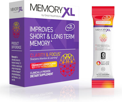 MemoryXL Brain Supplement with Magnesium L-Threonate (Magtein®), Phosphatidylserine and Vitamins - 30 Stick Packs, Cranberry Lemon