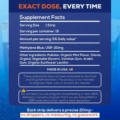 Methylene Blue Supplement for Mental Clarity and Memory – Pharmaceutical Grade Methylene Blue Strips – Fast-Acting Nootropic Brain Support – Mint Flavour, 15 Count (20mg per Strip)
