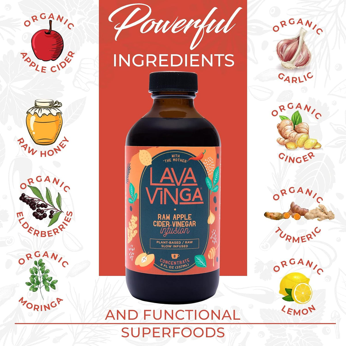 VINGA Lava Raw Apple Cider Vinegar Fire Cider with Moringa Oleifera, 8 oz (237 ml) - görsel 7