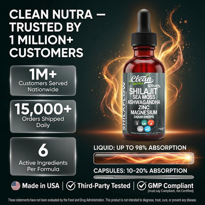 Clean Nutraceuticals Shilajit Drops Liquid - Himalayan Shilajit Supplement with Sea Moss, Ashwagandha, Zinc, Magnesium, Boron & Fulvic Acid for Energy and Vitality - 2oz (60ml)