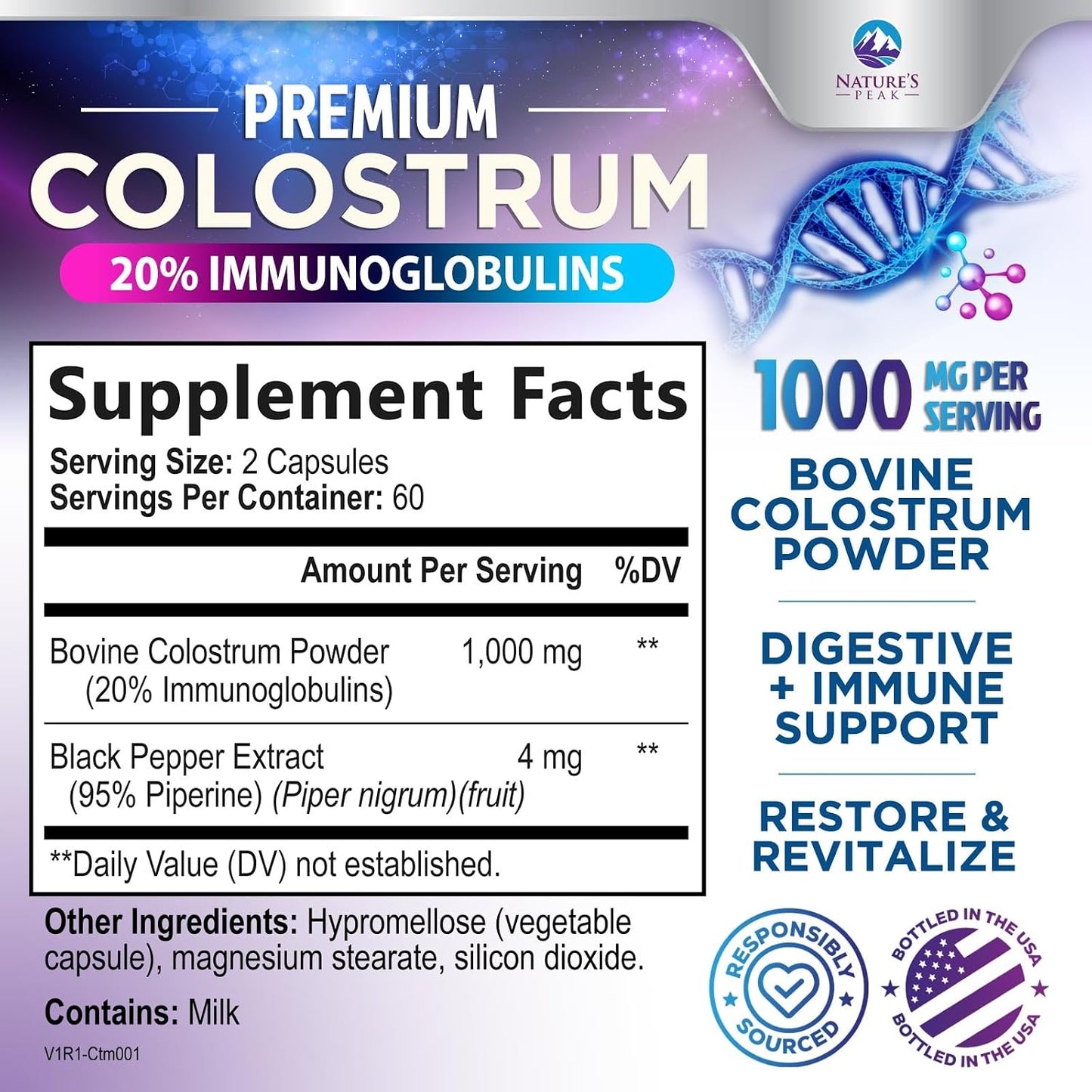 Nature's Peak Bovine Colostrum Supplement 1000mg – 20% Immunoglobulins (IgG) for Immune and Gut Support, 120 Capsules - görsel 2