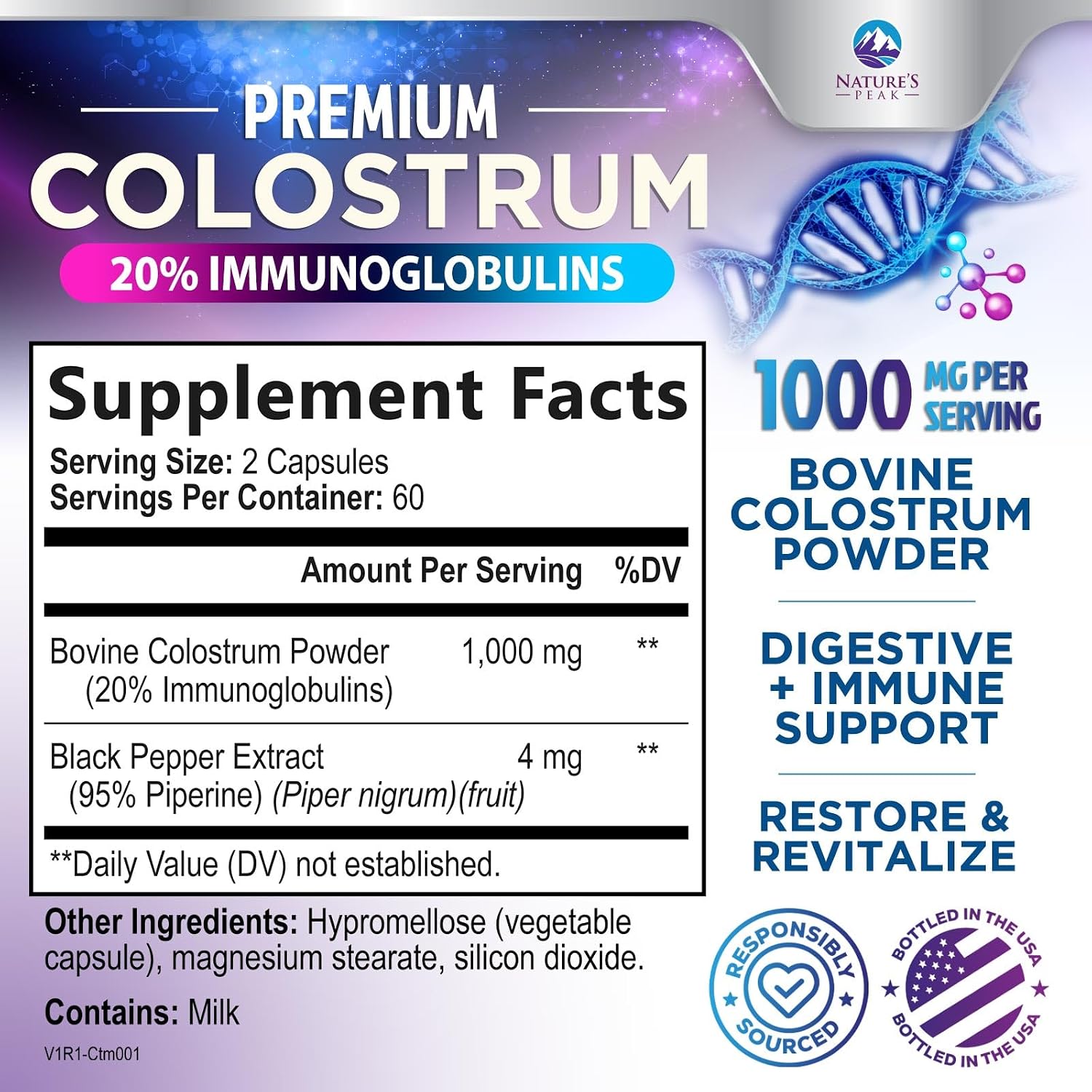 Nature's Peak Bovine Colostrum Supplement 1000mg – 20% Immunoglobulins (IgG) for Immune and Gut Support, 120 Capsules - görsel 2