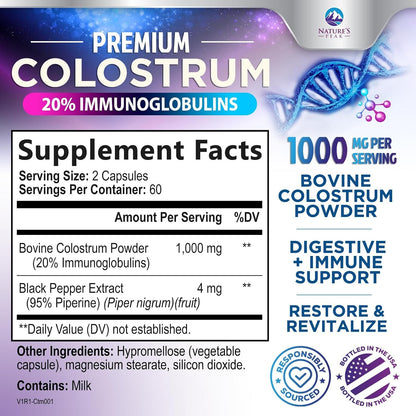 Nature's Peak Bovine Colostrum Supplement 1000mg – 20% Immunoglobulins (IgG) for Immune and Gut Support, 120 Capsules