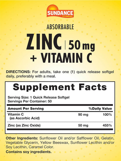 Sundance Absorbable Zinc with Vitamin C – 50mg, 50 Softgels