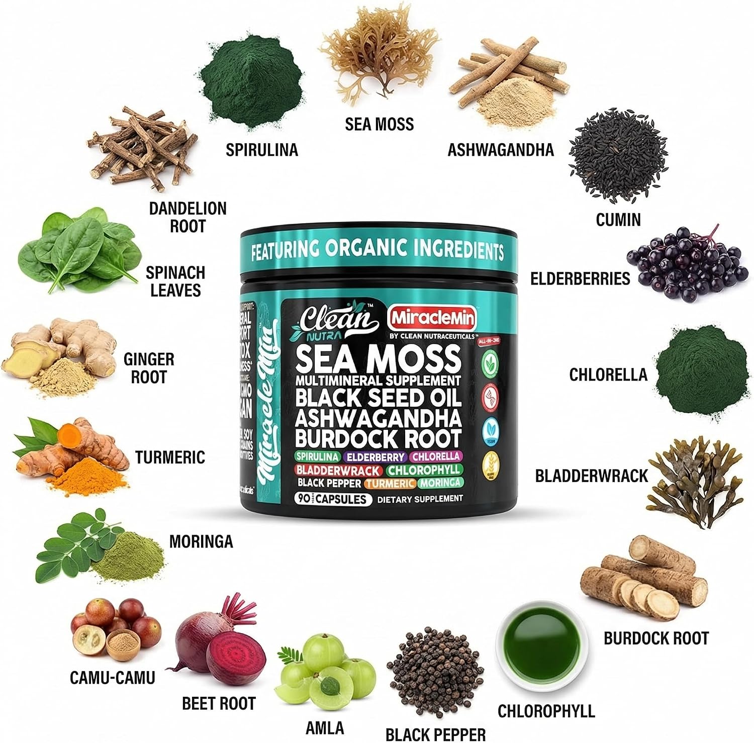 Clean Nutra Organic Sea Moss Capsules with Ashwagandha, Black Seed Oil, and Superfoods Blend – 90 Vegan Capsules - görsel 4
