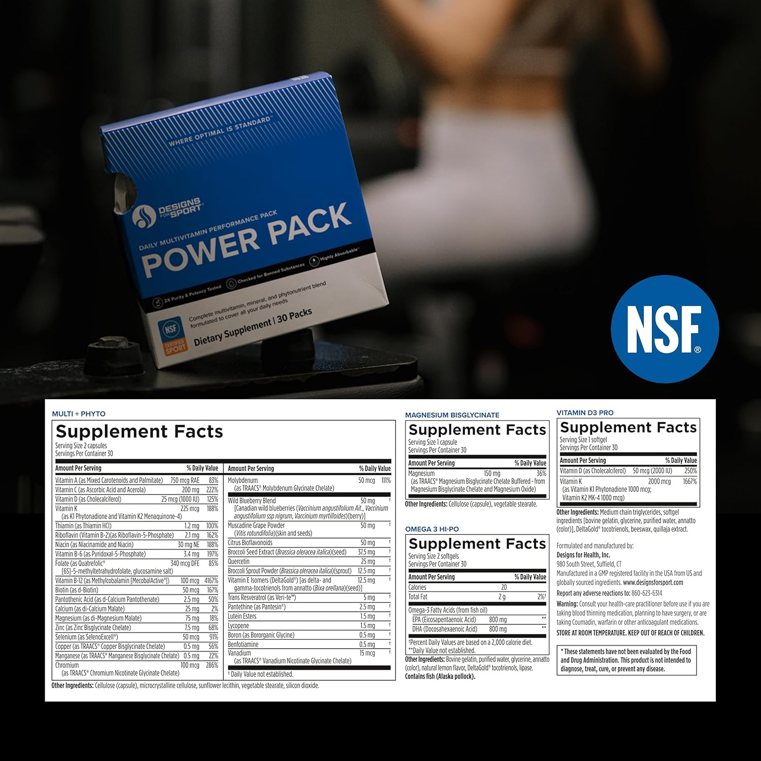Designs for Sport Vitamin Packs - NSF Certified for Sport Power Pack with Daily Multivitamin, Fish Oil Omega-3, Magnesium Glycinate & Vitamin D3 + K (30 Sachets) - görsel 2