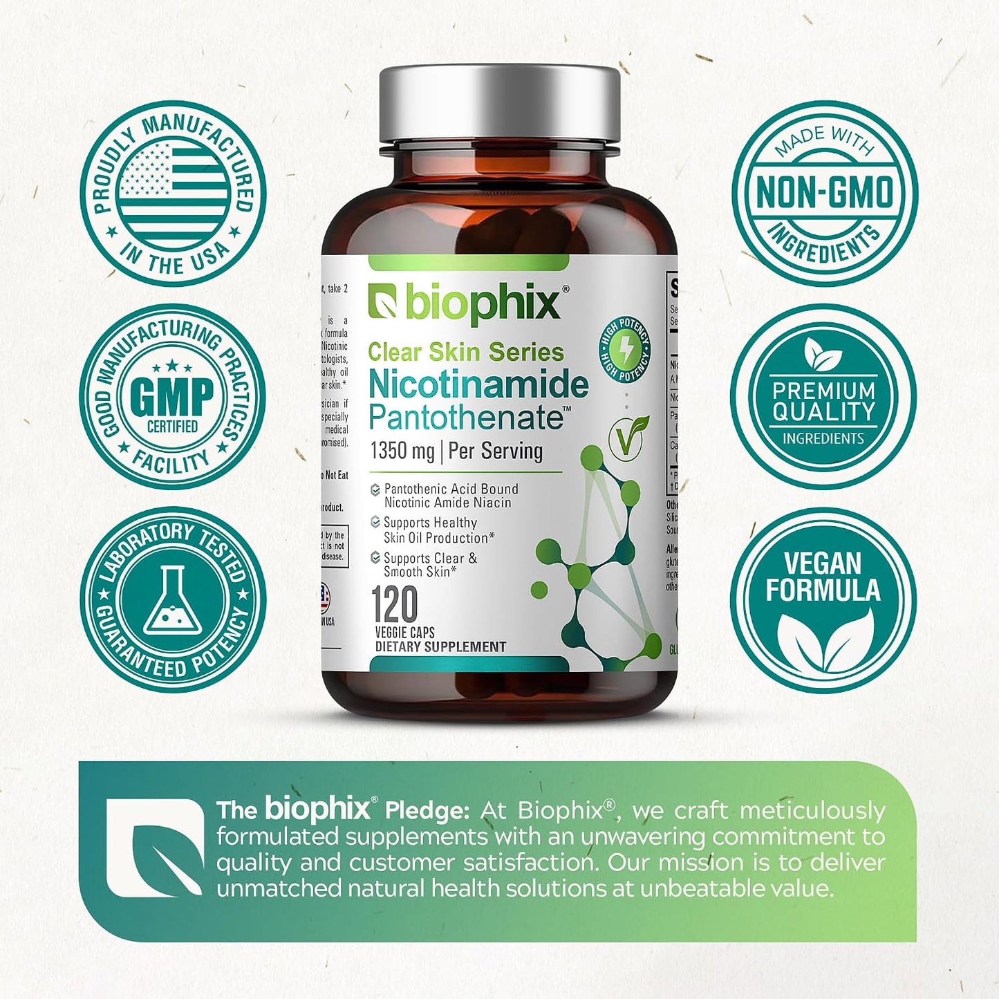 biophix B-3 Nicotinamide Pantothenate 1350 mg 120 Vcaps – Clear Skin Series B5 Pantothenic Acid Natural Flush-Free Nicotinic Amide Niacin – Supports Skin Cell Health - görsel 3