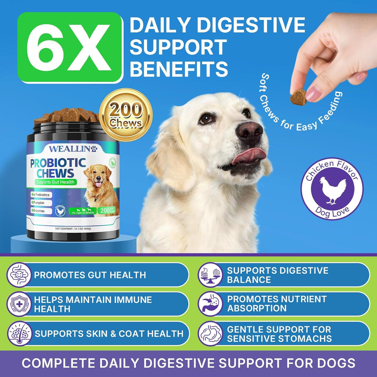 WEALLIN Probiotics for Dogs - 200 Soft Chews for Digestive Health, Itchy Skin Relief & Immune Support - görsel 2