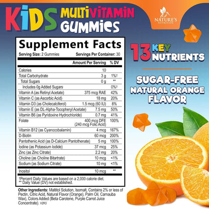 Nature's Nutrition Kids Multivitamin Gummies - Sugar Free - Orange Flavour - Non-GMO - 60 Gummies