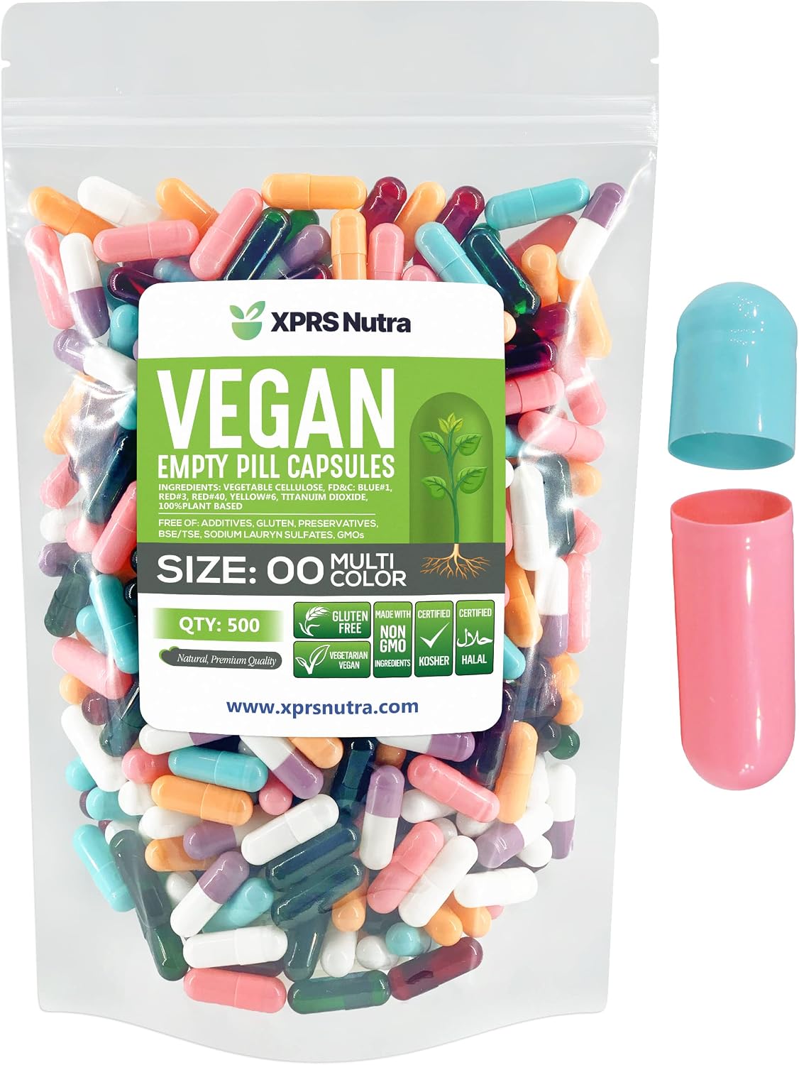XPRS Nutra Size 00 Empty Capsules - 500 Count Empty Vegan Capsules - Vegetarian Empty Capsules - DIY Vegetable Capsule Filling - Veggie Capsules (Multi-Colour) - görsel 1