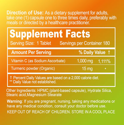 Buffered Vitamin C 1000 mg with Organic Turmeric - Supports Immune Function, Antioxidant, Healthy Skin & Joints - 180 Vegan Capsules