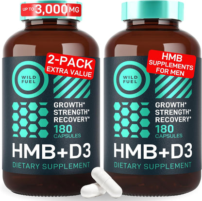 Wild Fuel HMB and Vitamin D3 Supplement Capsules - Beta-Hydroxy Beta-Methylbutyrate 1,000-3,000 mg HMB Supplements with Vitamin D3 - Muscle Function, Performance, Pre-Workout, Recovery - 360 Caps