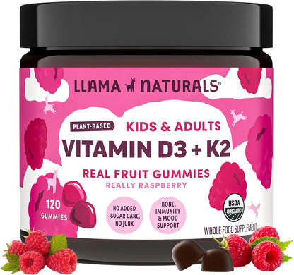 Llama Naturals Vitamin D3 & K2 Gummies for Adults and Kids, Vegan, Organic, Real Fruit, Raspberry, 120 Count