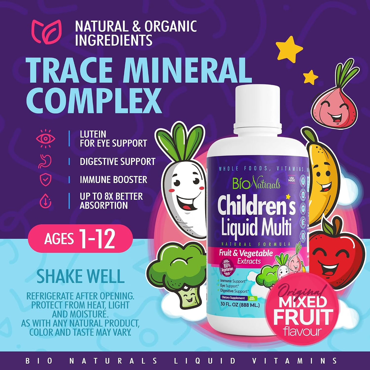 Bio Naturals Children's Liquid Multivitamin & Immune Booster - Natural Supplement for Kids & Toddlers with Vitamins A, B, C, D3, E, Fibre, Fruits & Vegetables - No Gluten, Sugar, Dairy, Soya - 30 oz - görsel 6