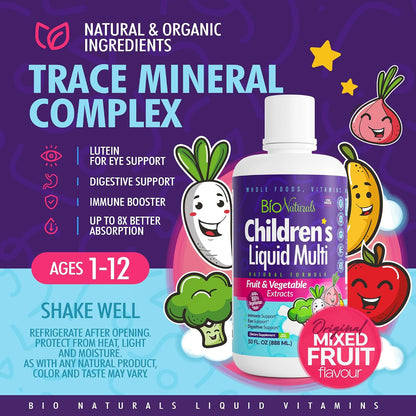 Bio Naturals Children's Liquid Multivitamin & Immune Booster - Natural Supplement for Kids & Toddlers with Vitamins A, B, C, D3, E, Fibre, Fruits & Vegetables - No Gluten, Sugar, Dairy, Soya - 30 oz