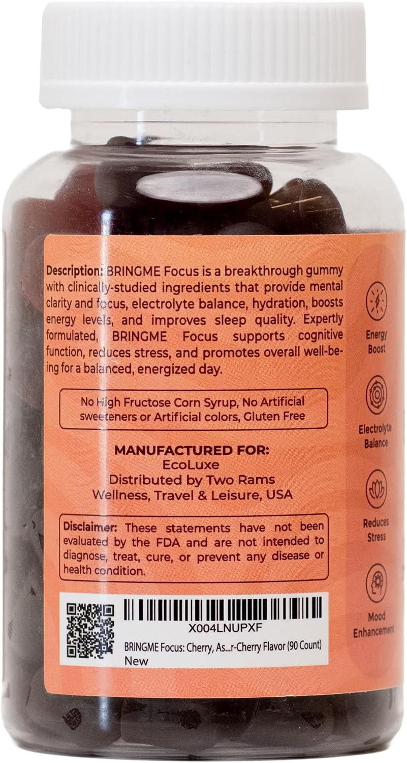 BRINGME Focus Gummies – Nootropic Brain & Focus Support with Ashwagandha, Rhodiola, Potassium & Magnesium – Low Sugar Cherry, 90 Count - görsel 4