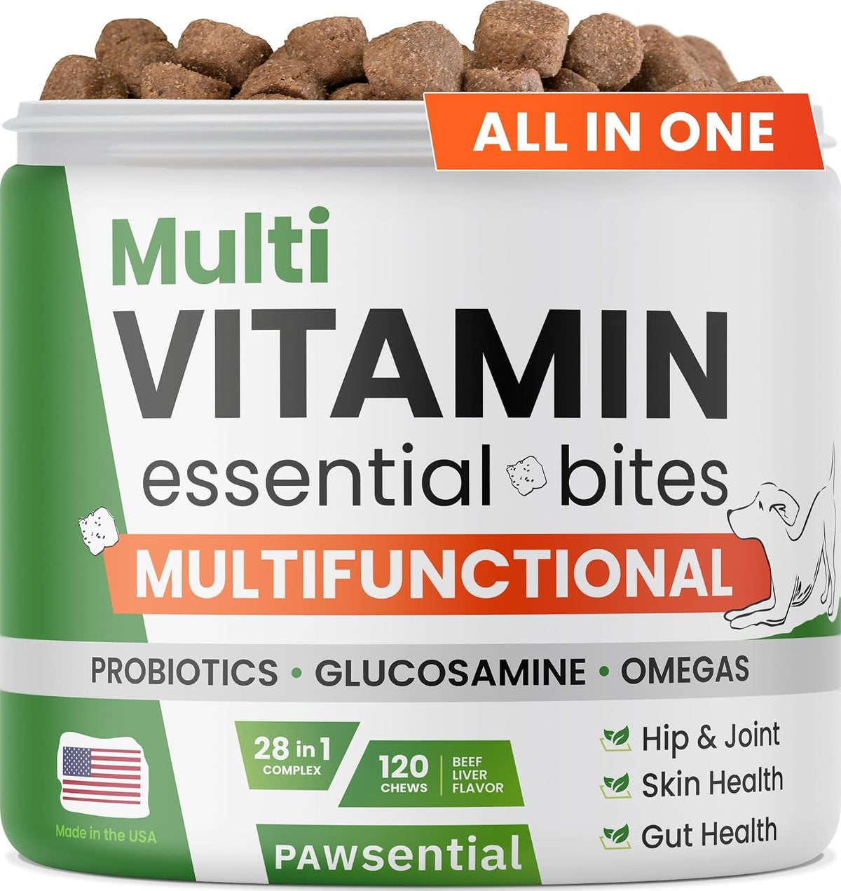 Vitamins for Dogs - 4 in 1 Complex with Omega, Glucosamine, Probiotics and Vitamins - 100 ct - Fish - görsel 1