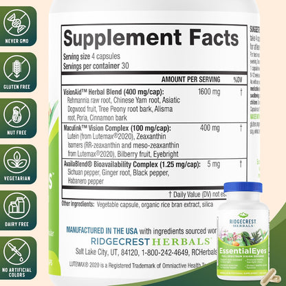 Ridgecrest Herbals EssentialEyes – Natural Eye Vitamin Supplement with Lutein, Zeaxanthin, and Bilberry Extract (120 Vegan Capsules)