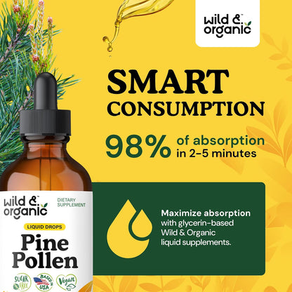 Wild & Organic Pine Pollen Tincture - Pinus Massoniana Extract Drops - Vegan, Alcohol-Free Liquid Supplement - 118 ml