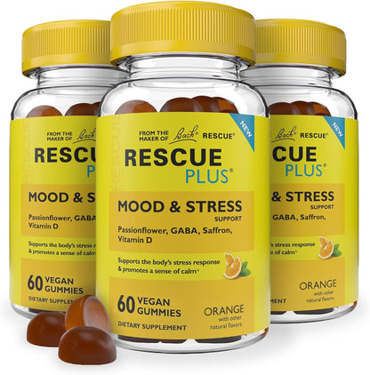 RESCUE Bach Plus Mood & Stress Support Gummies – Daytime Dietary Supplement with Passionflower, GABA, Saffron & Vitamin D, Natural Orange Flavour, Vegan & Gluten-Free (3 Pack, 180 Gummies)