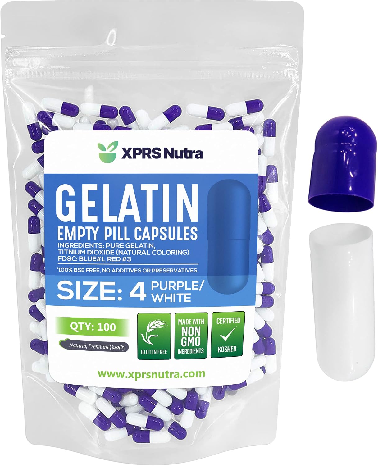 XPRS Nutra Size 4 Empty Capsules - 100 Count Small Empty Gelatine Capsules - Pills for DIY Capsule Filling - Fillable Pure Bovine Capsules for Do-It-Yourself Supplements (Purple/White) - görsel 1