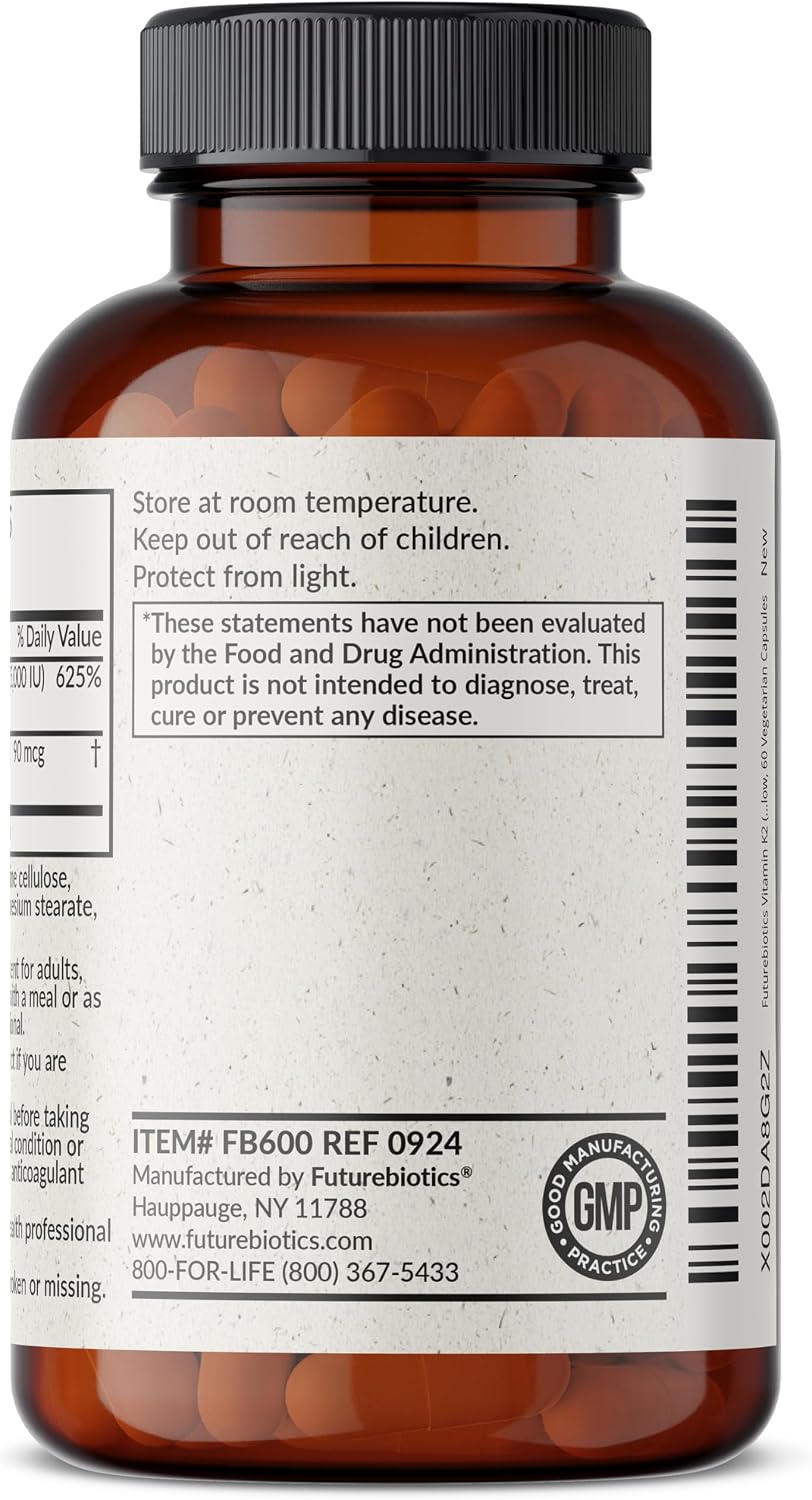 Futurebiotics Vitamin K2 (MK-7) with D3 - 5000 IU Vitamin D3 & 90 mcg Vitamin K2 MK-7 - Non-GMO Formula - 60 Vegetarian Capsules - görsel 7