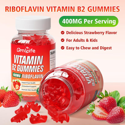 GrnLife Vitamin B2 Gummies – Riboflavin 400mg with Magnesium – Strawberry Flavour (60 Count)