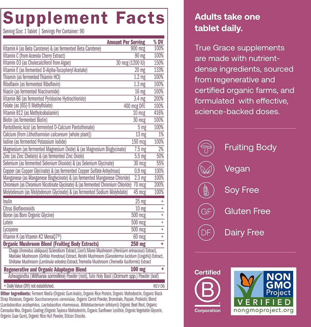 True Grace One Daily Women's Multivitamin 40+ - Fermented Minerals, Organic Adaptogens & Mushrooms - 90 Vegan Tablets - görsel 2