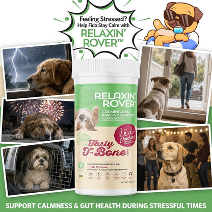 Relaxin’ Rover Calming Supplement for Dogs with Probiotics, Valerian, Chamomile & GABA – T-Bone Flavour (20 Servings)