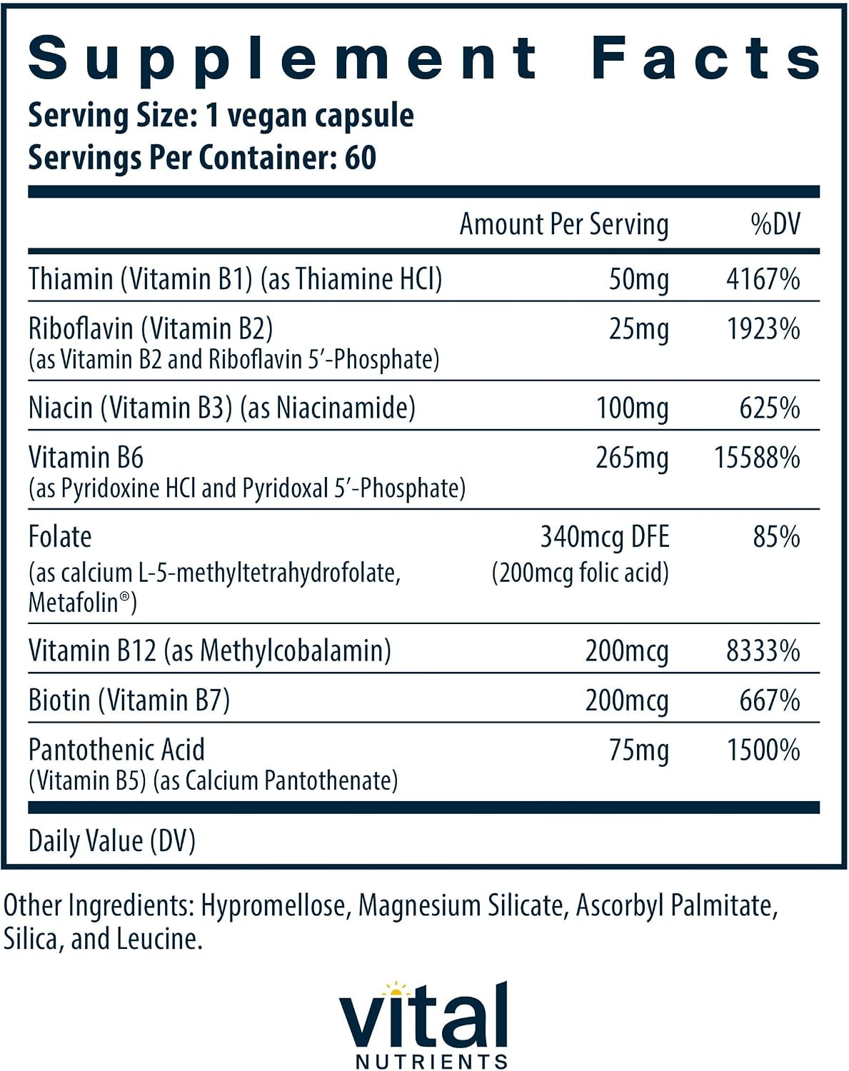 Vital Nutrients Vitamin B6 + B Complex - Vegan Methylated B Vitamins for Energy, Metabolism, Heart Health - High-Potency Vitamin B6 for Hormonal Balance - Gluten, Dairy, Soy Free - 60 Capsules - görsel 2