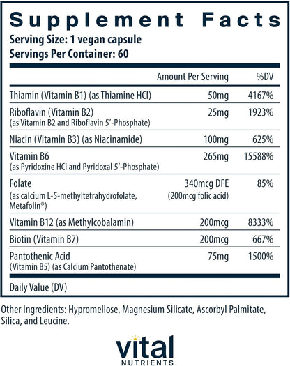 Vital Nutrients Vitamin B6 + B Complex - Vegan Methylated B Vitamins for Energy, Metabolism, Heart Health - High-Potency Vitamin B6 for Hormonal Balance - Gluten, Dairy, Soy Free - 60 Capsules