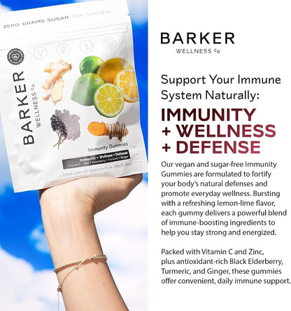 Barker Wellness Immunity Gummies with Vitamin C, Zinc, Elderberry, Turmeric & Ginger – Vegan, Sugar-Free, Lemon-Lime – 60 Gummies