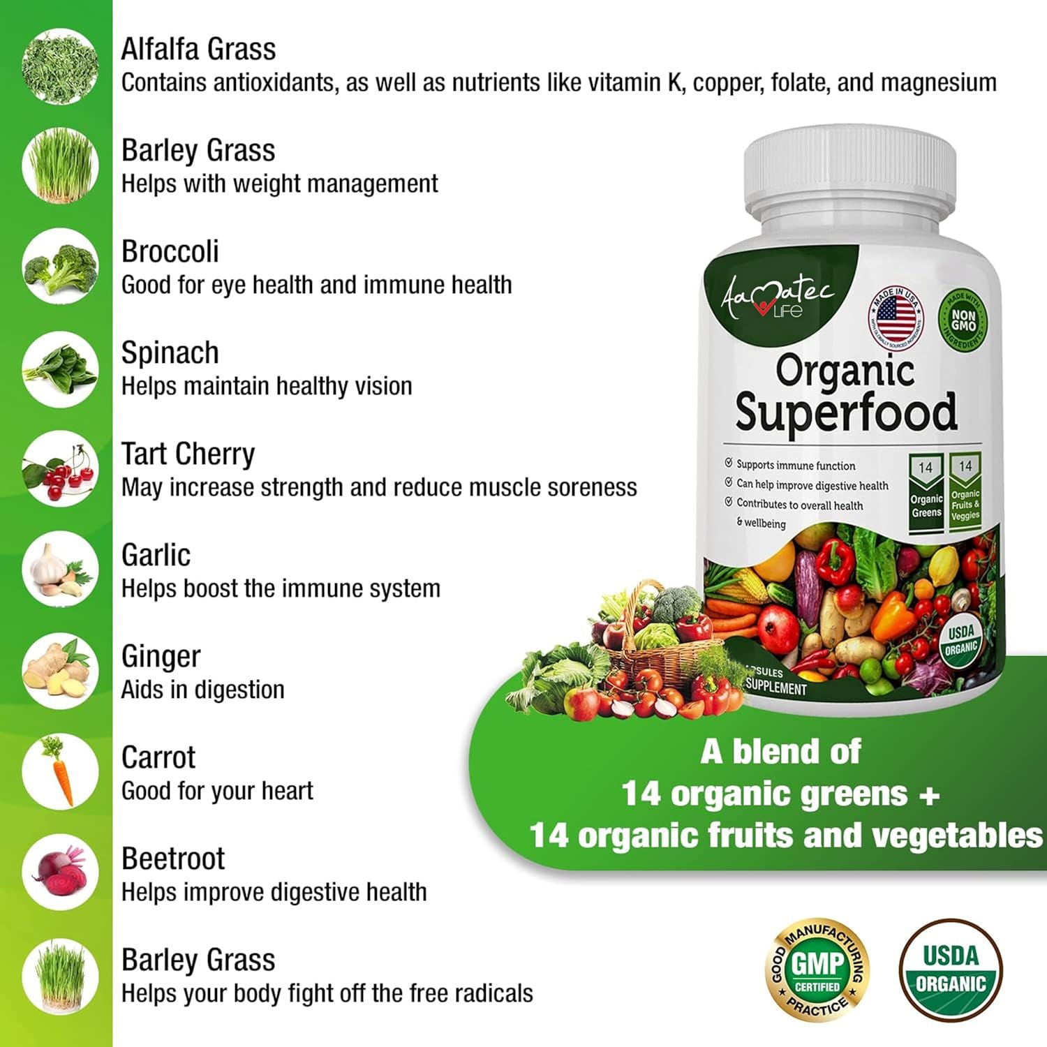 Organic Superfood Greens Fruits and Veggies Complex - 14 Greens & 14 Vegetables with Alfalfa - Non-GMO (120 Count, Pack of 2) - görsel 4