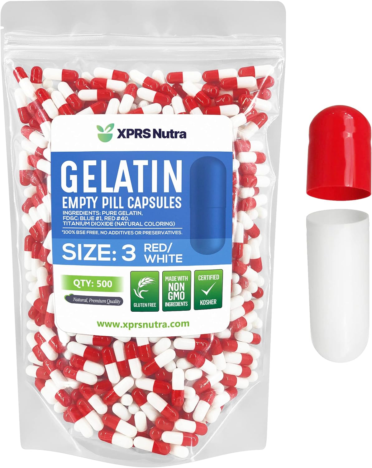 XPRS Nutra Size 3 Empty Gelatine Capsules (500 Count, Red/White) - görsel 1