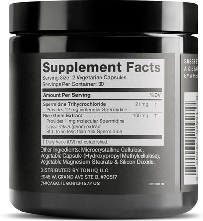 Toniiq 22mg Ultra Concentrated Spermidine Supplement – Spermidine Supplements for Men and Women – Rice Germ Extract and Trihydrochloride Complex Blend – 60 Vegetarian Capsules – 30 Servings