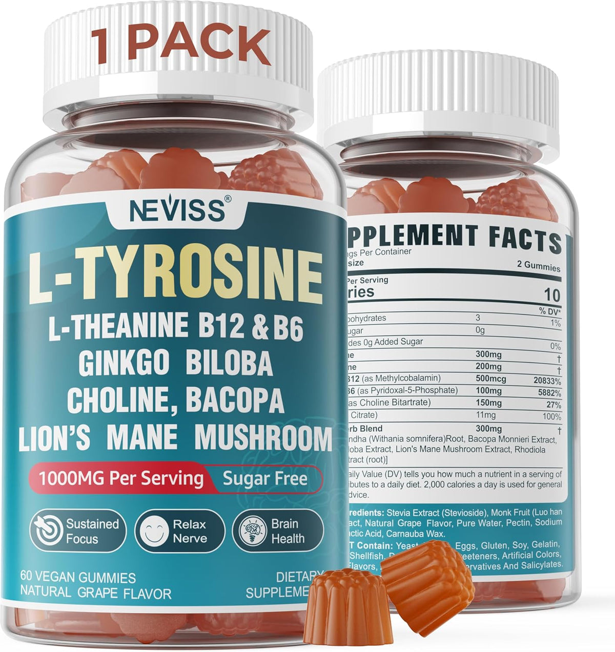 NEVISS Sugar-Free L-Tyrosine Gummies - L-Theanine, B6, B12 & Brain Herbs for Focus - görsel 1