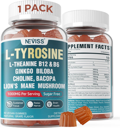 NEVISS Sugar-Free L-Tyrosine Gummies - L-Theanine, B6, B12 & Brain Herbs for Focus