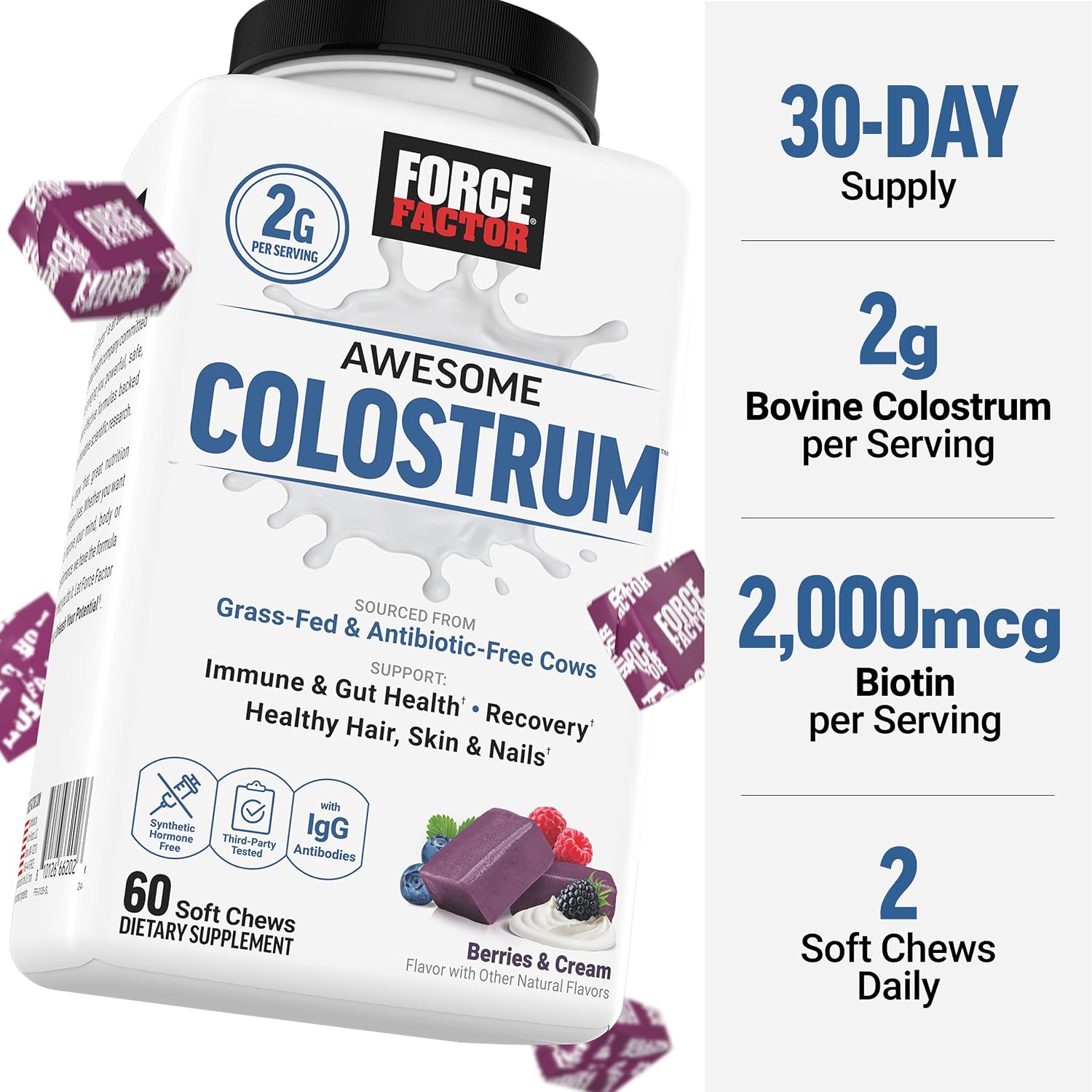 Force Factor Awesome Colostrum Supplement, Berries & Cream, 60 Soft Chews - görsel 6