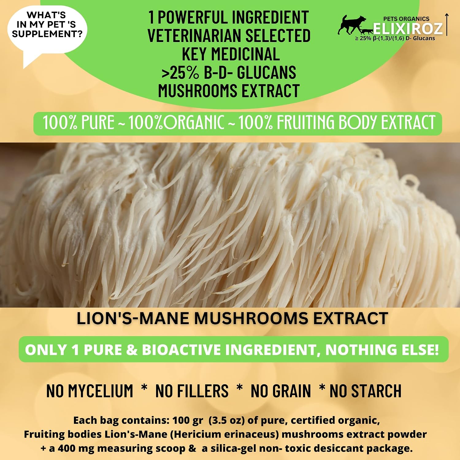 PETS ORGANICS ELIXIROZ Lion's Mane Mushroom Extract for Dogs and Cats – 25% Beta Glucans – Fruiting Body Concentrate – 250 Servings - görsel 6