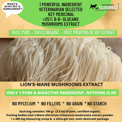 PETS ORGANICS ELIXIROZ Lion's Mane Mushroom Extract for Dogs and Cats – 25% Beta Glucans – Fruiting Body Concentrate – 250 Servings